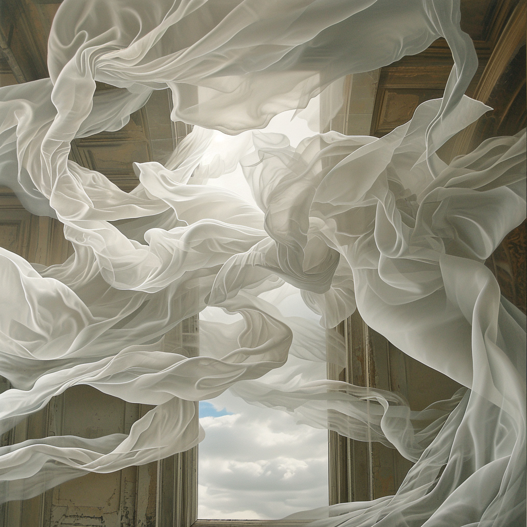 Large ivory curtain in strong wind