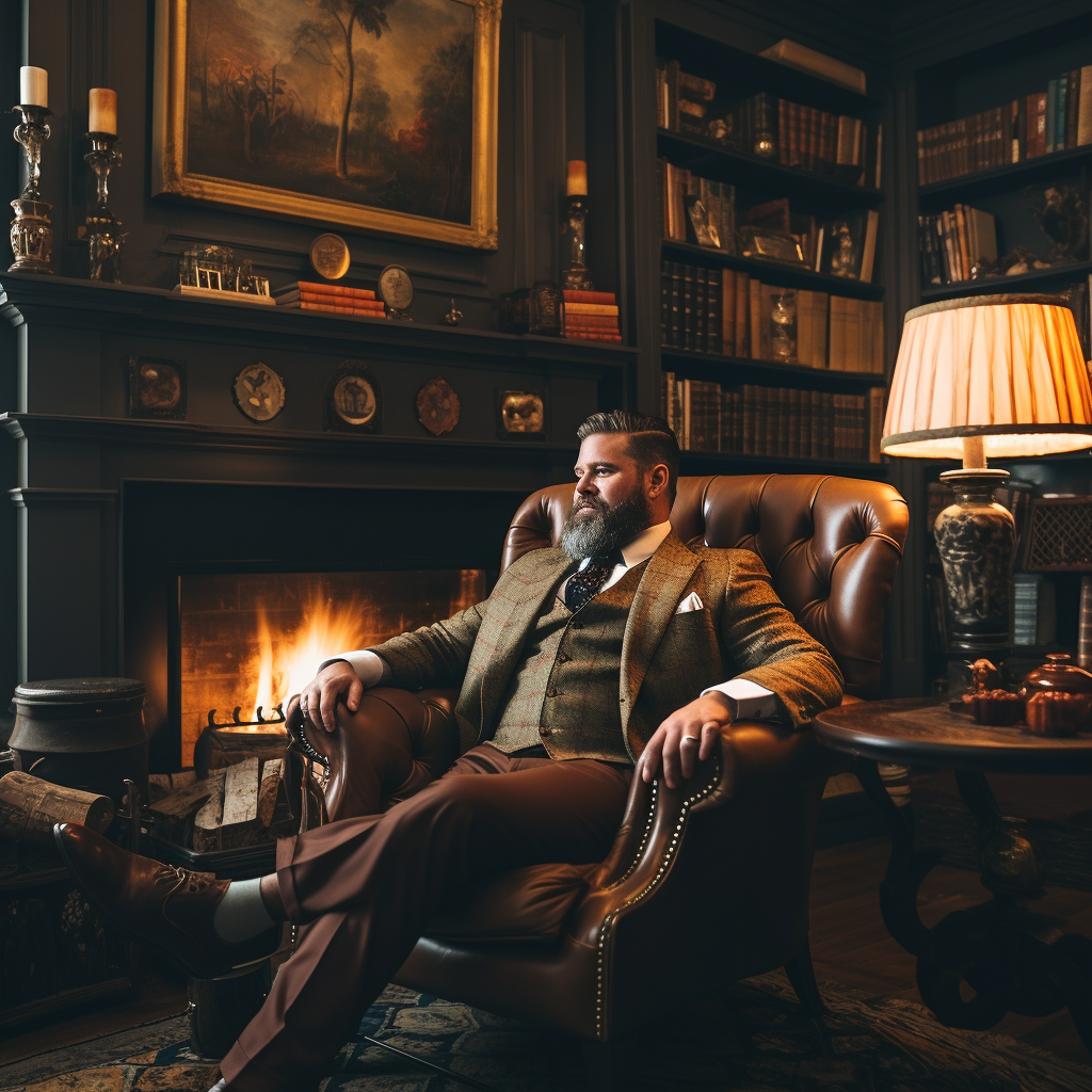 Man sitting in leather tufted chair in home library near fireplace