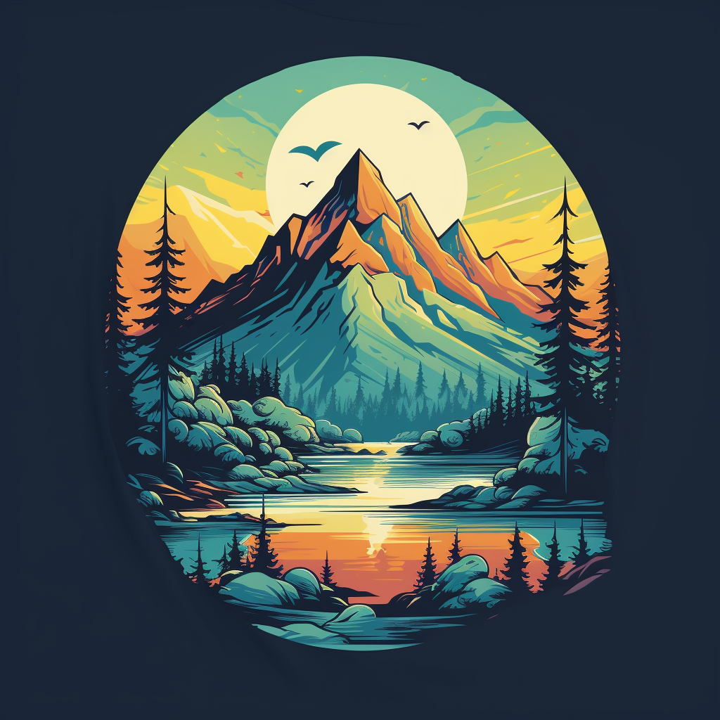 Retro mountain landscape with trees, tents, and river