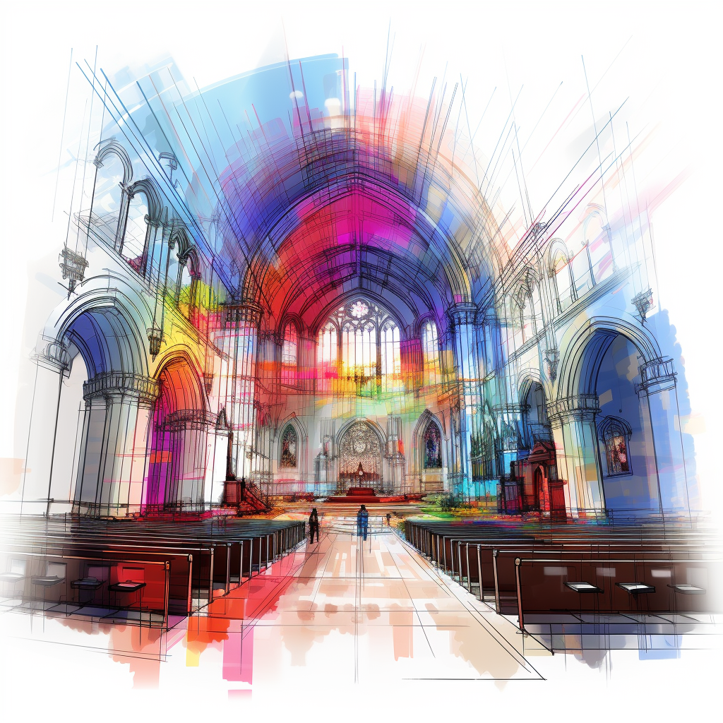 Colorful sketch of large screen in tiny church