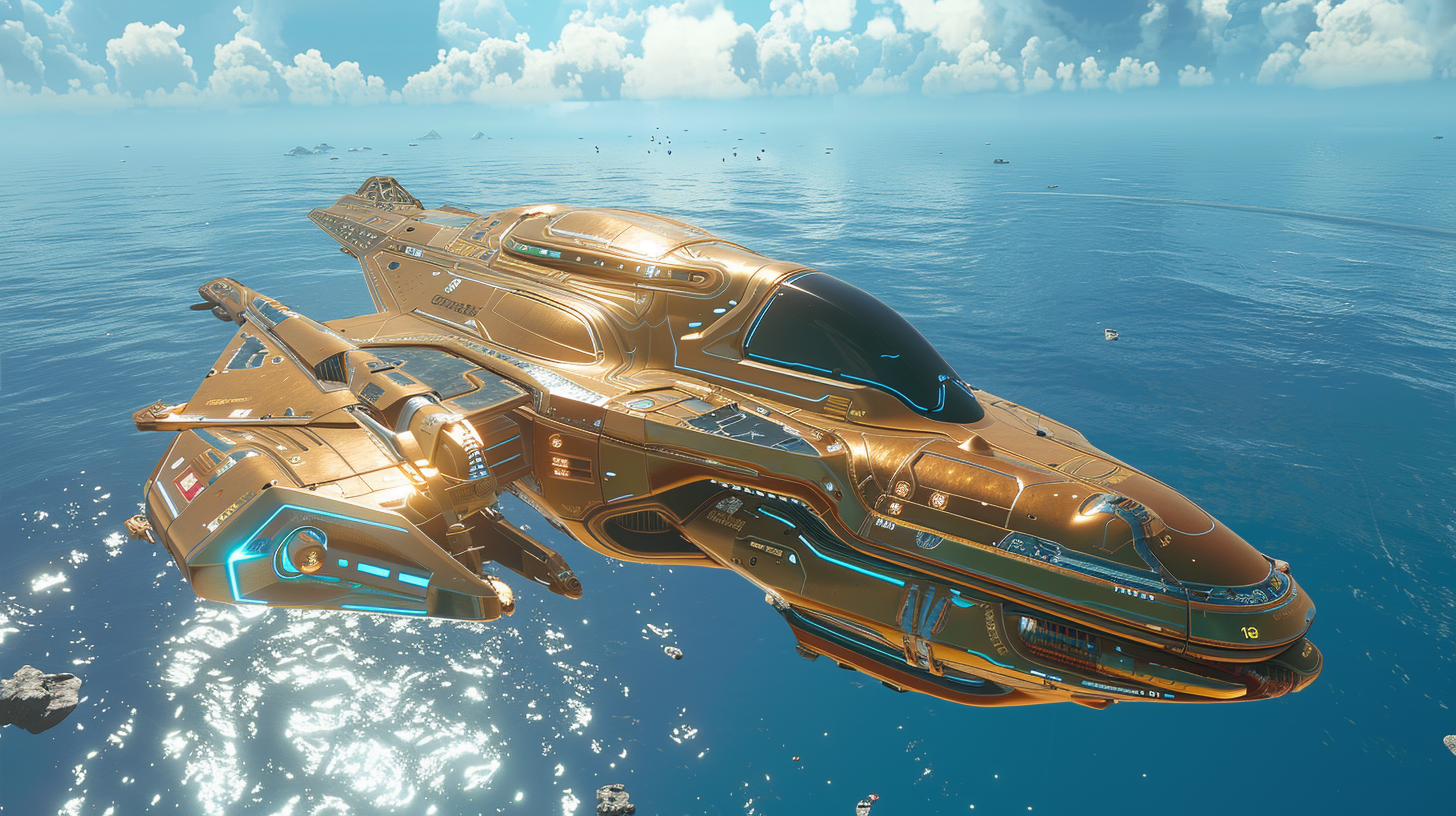 Gold Space Fighter Ship Ocean