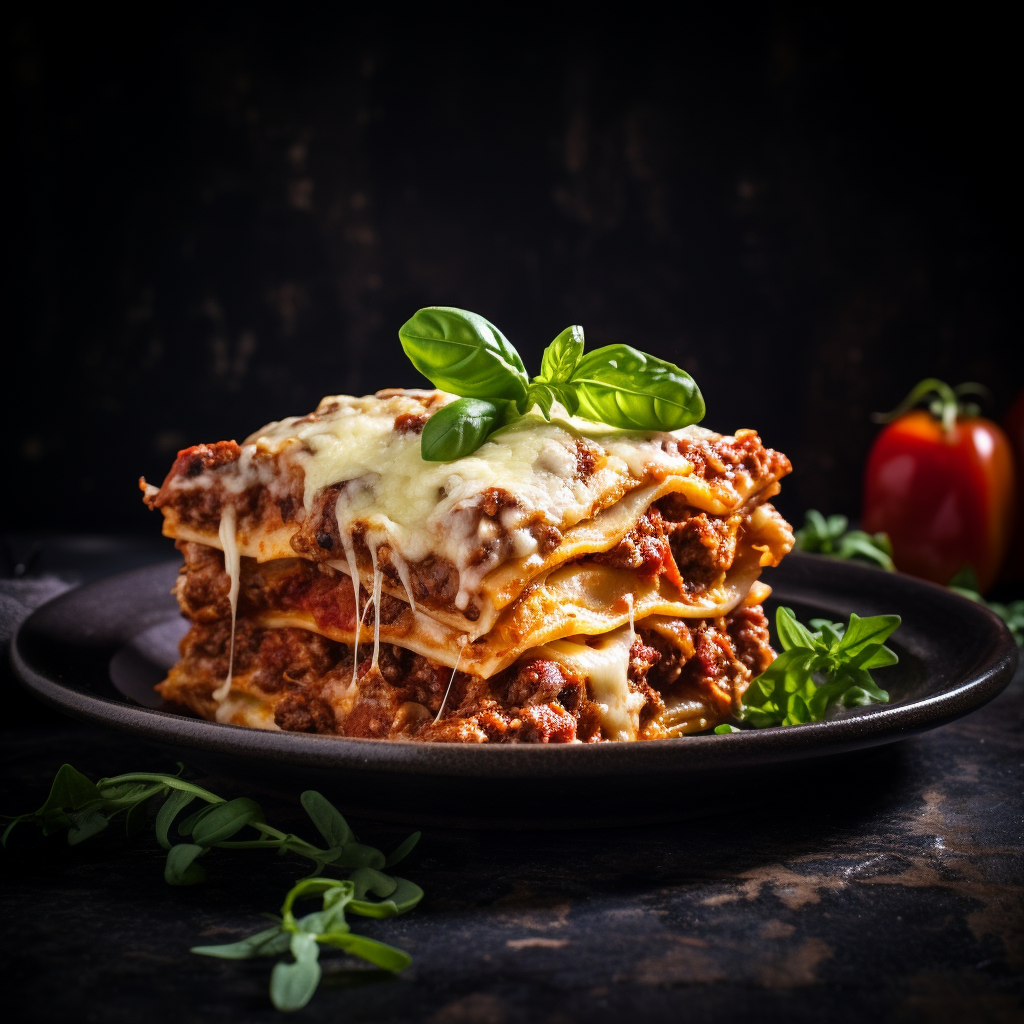 Savory lasagne dish with dark background