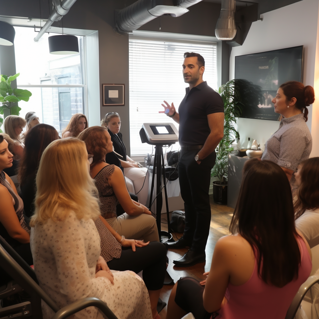 Workshop participants learning about laser hair removal