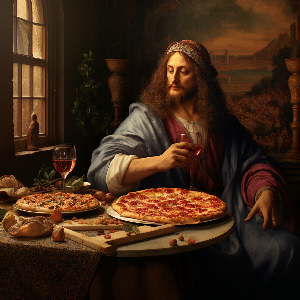 Leonardo da Vinci enjoying pizza