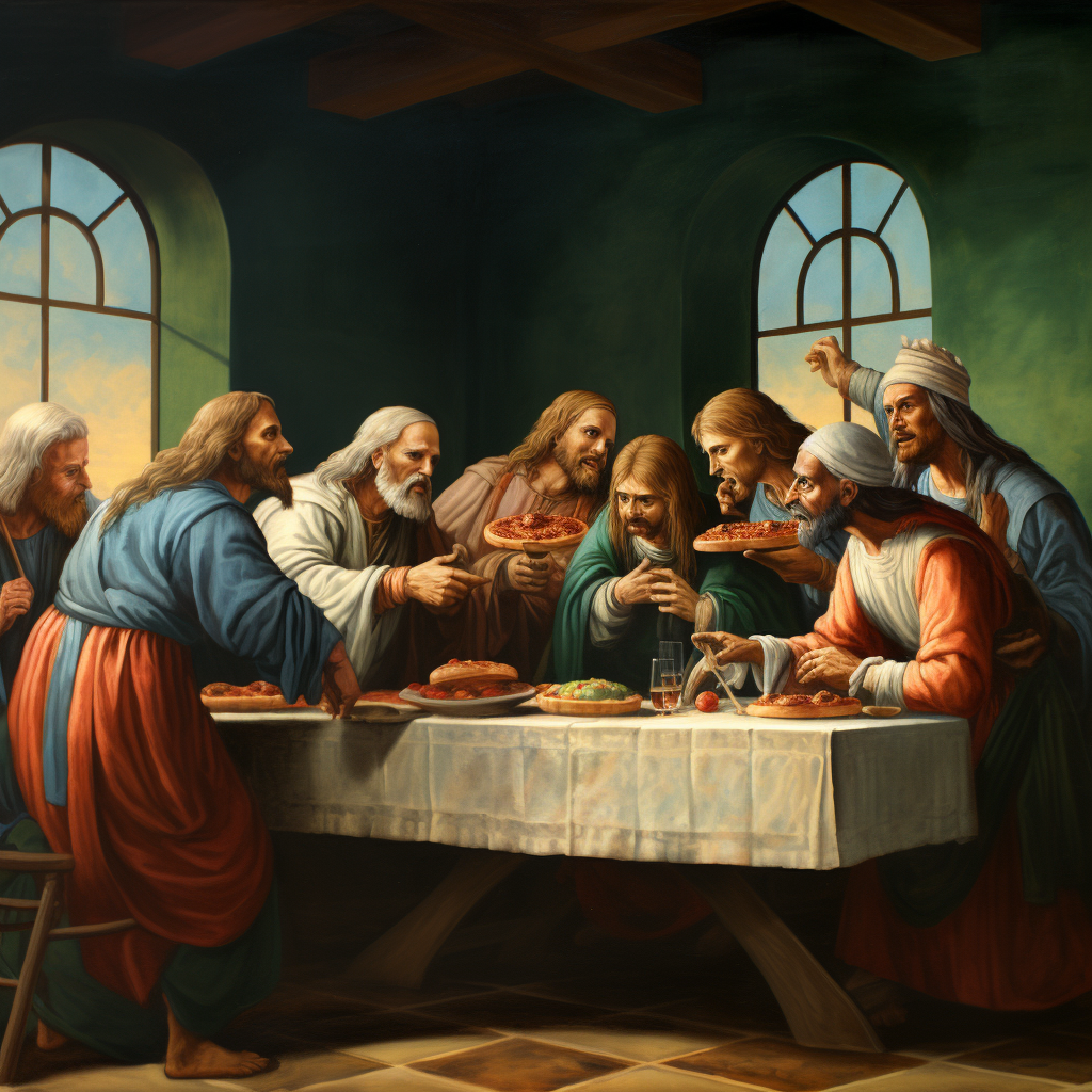 Leonardo DaVinci's Last Supper pizza rendition