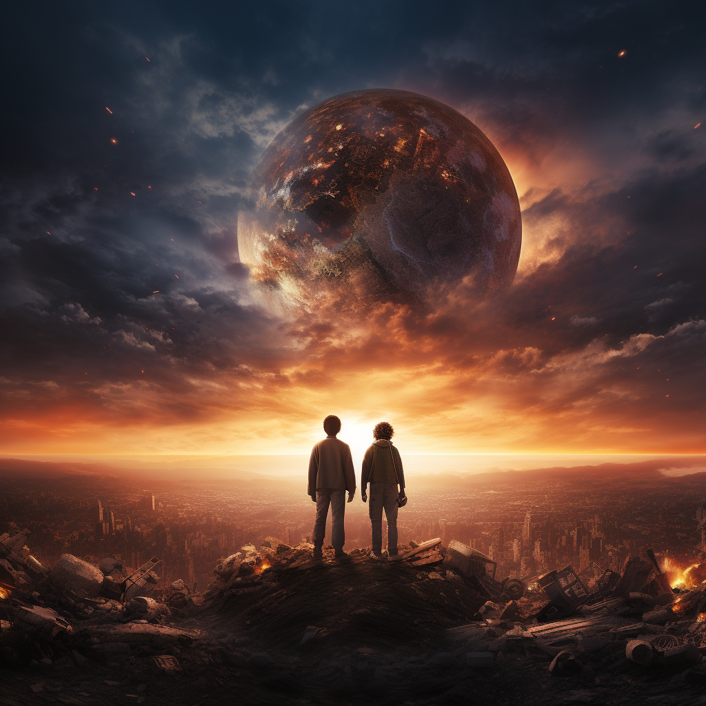 Two people standing on an empty planet