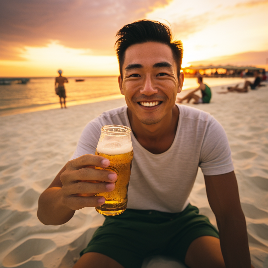 Smiling Asian man enjoying beach sunset