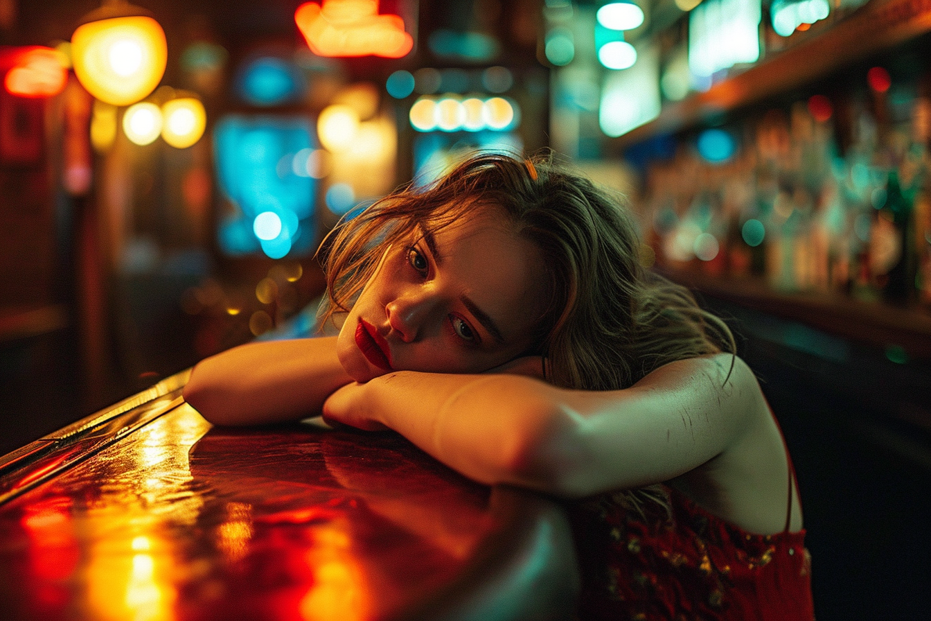 Tired woman in a late-night bar