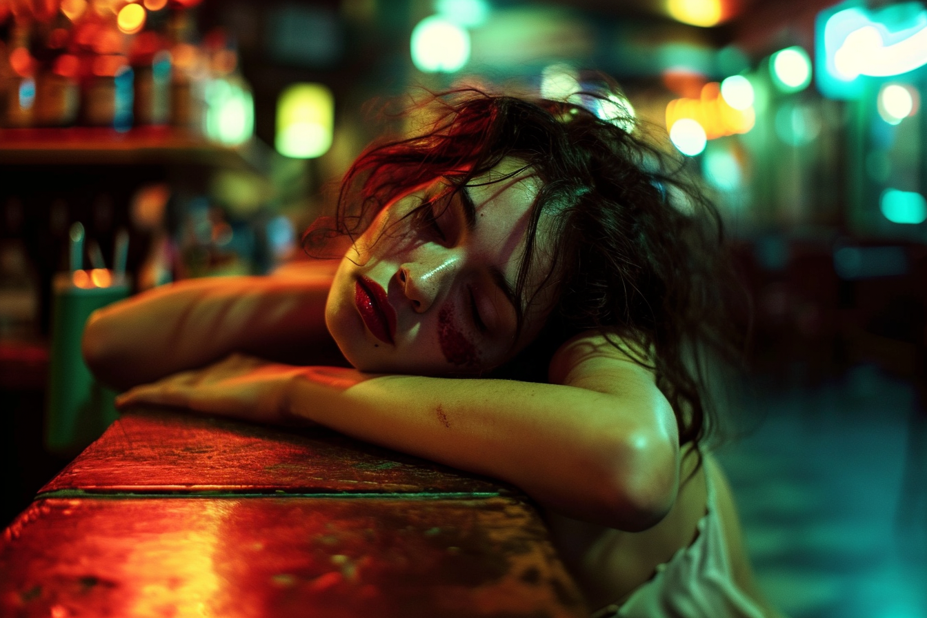 Tired woman in a late-night bar