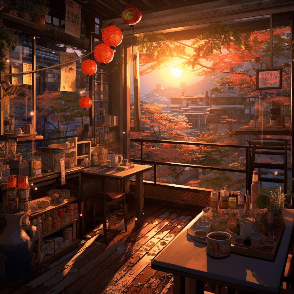 Cozy tea shop with sunrise colors and anime-inspired decor