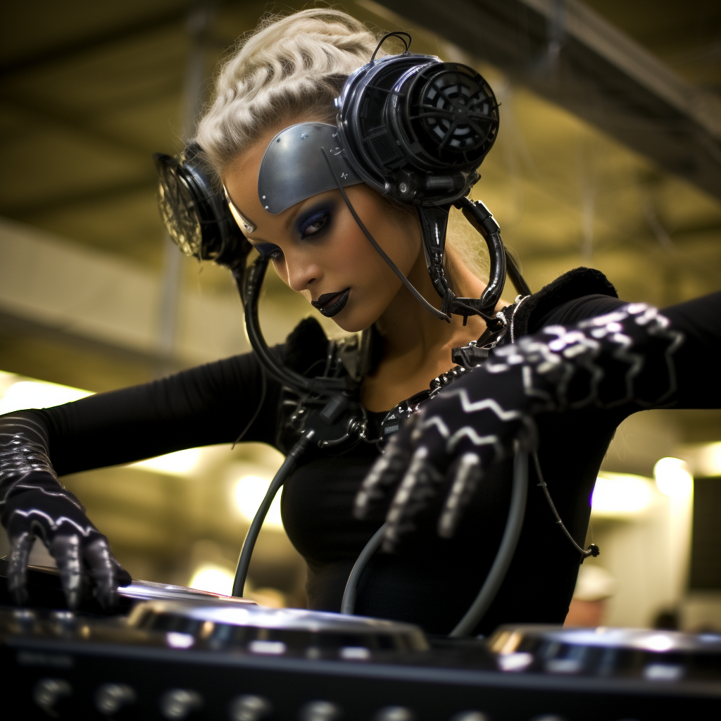 Cybergoth woman DJ wearing a latex skirt