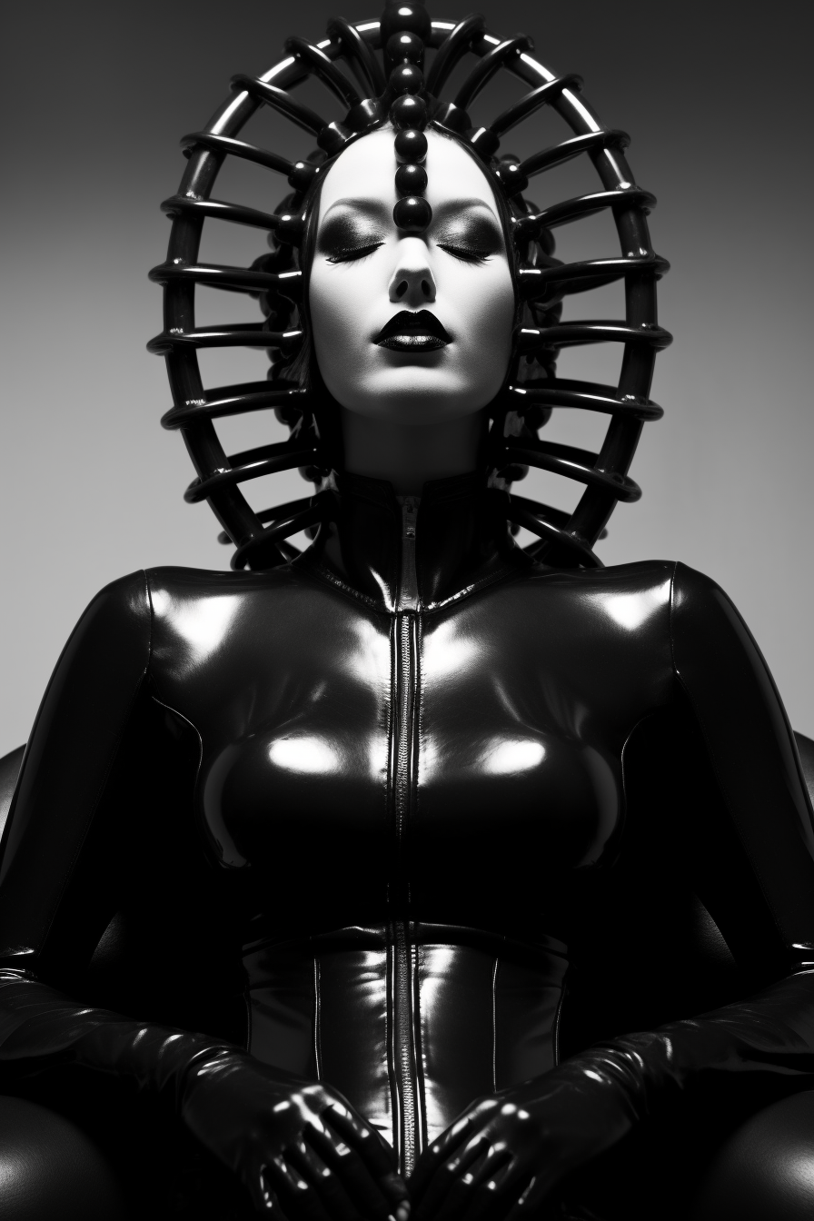 Woman in distinctive black and white latex style