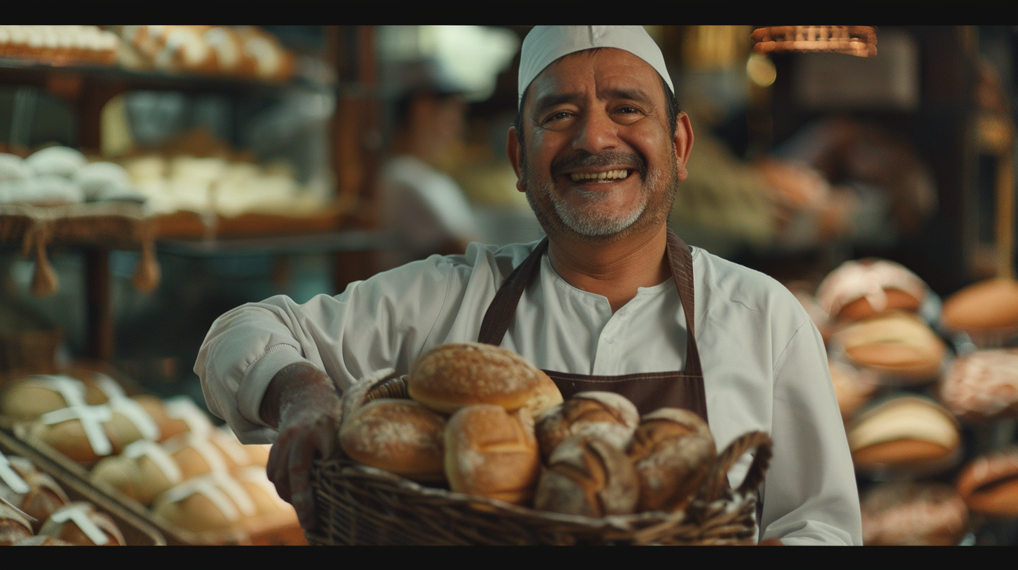 Latin Baker with Bread Basket Smile