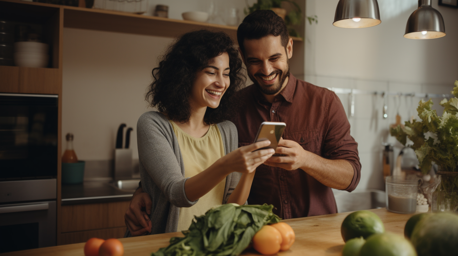 Latin couple unboxing delicious grocery