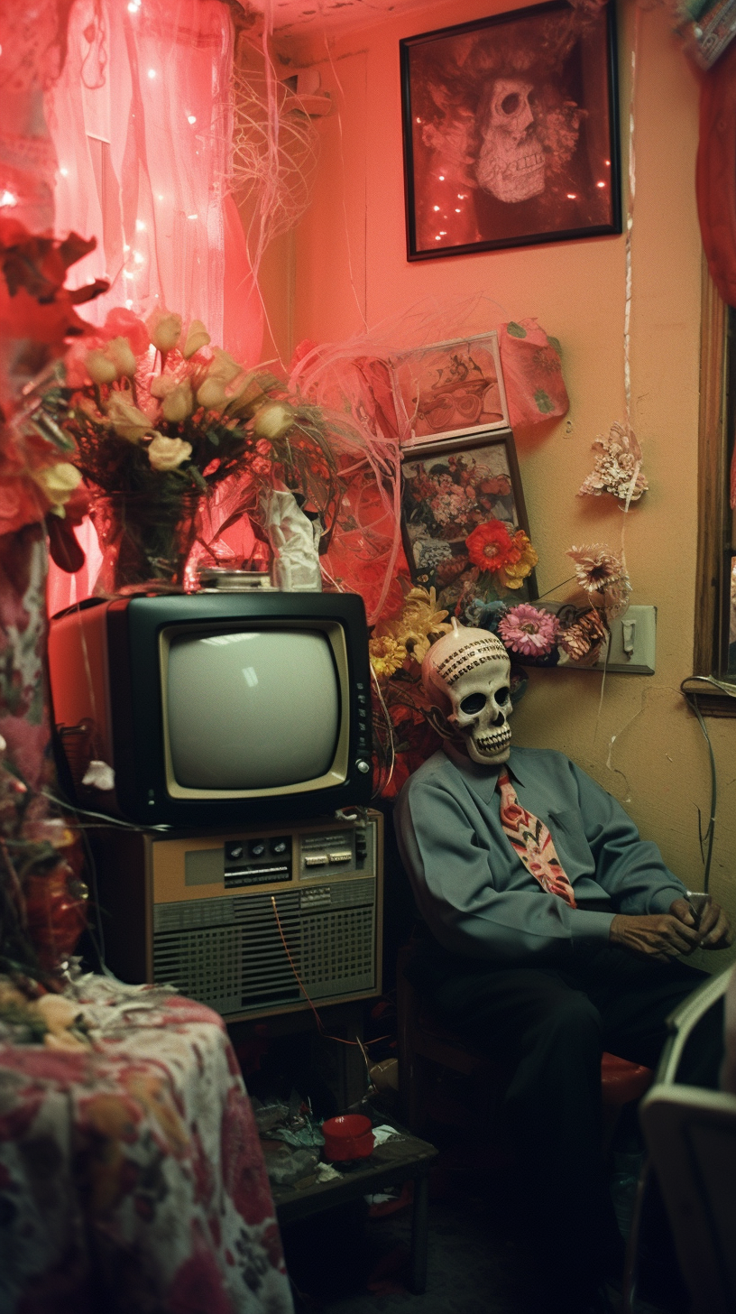 Latin dad fixing VCR TV on Día de muertos