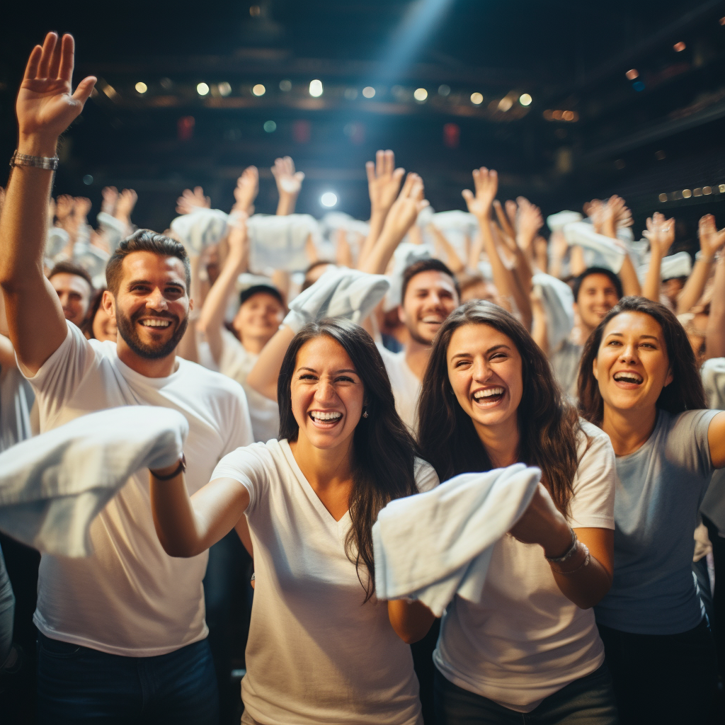 Group of Latin entrepreneurs waving towels at concert