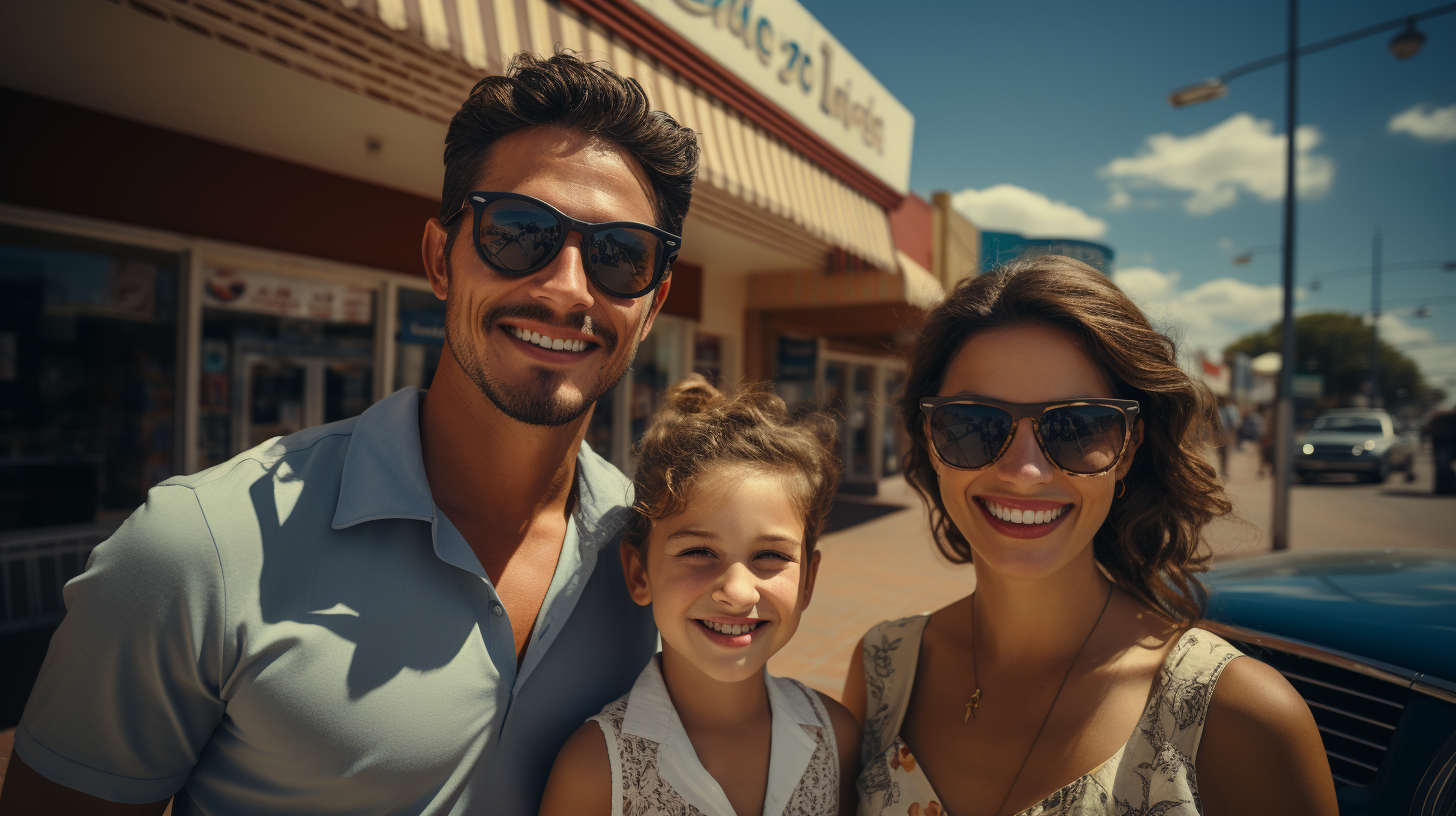 Happy Latin family refueling at gas station.