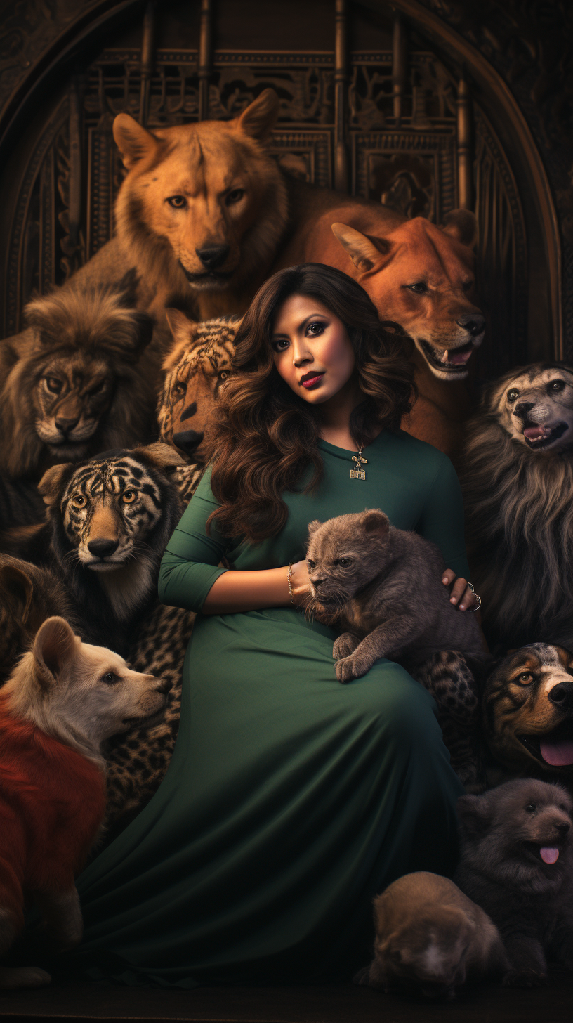 Pregnant woman with diverse mammals in fine art editorial photography