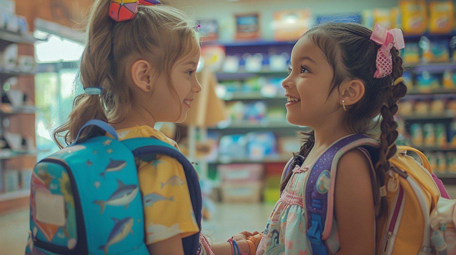 Two Latin girls with earth mermaid backpack