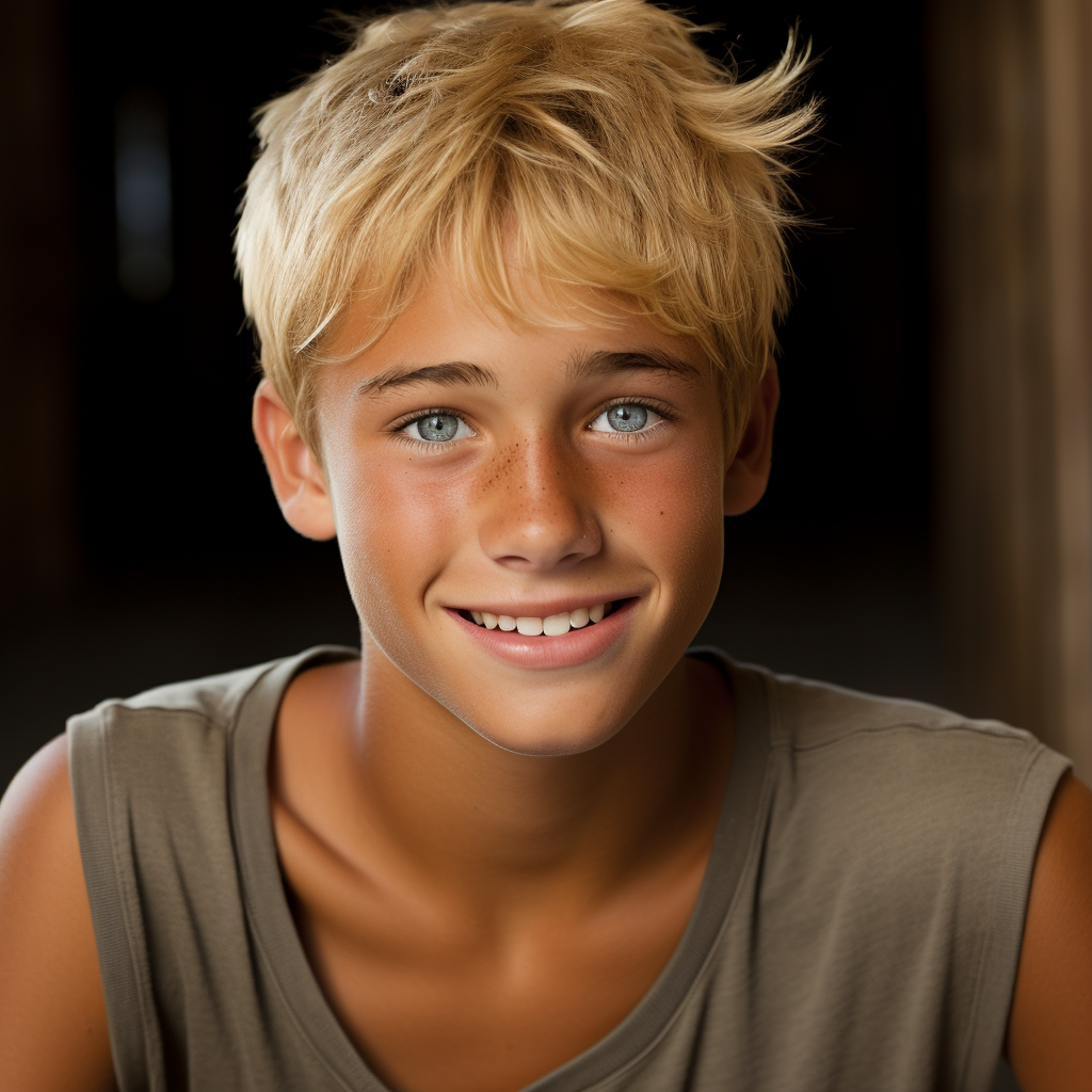 Latin teen boy with blond hair, blue eyes, and a smile