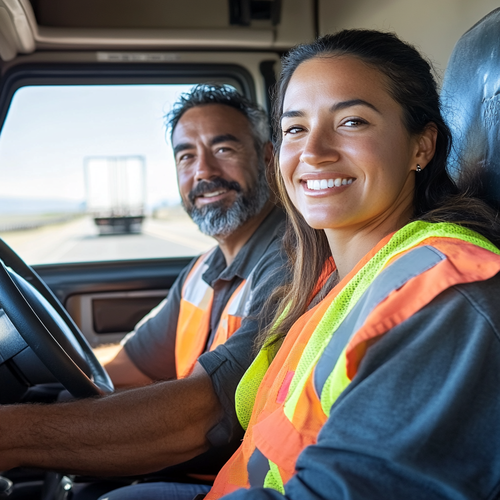 Latin truck drivers smiling highway