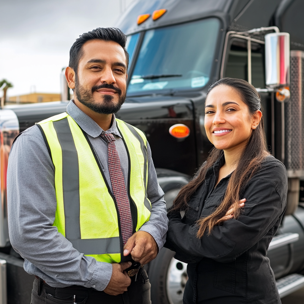 Latin team truck drivers smiling