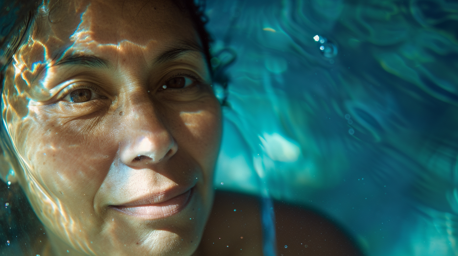 Latin woman with water tank light projection