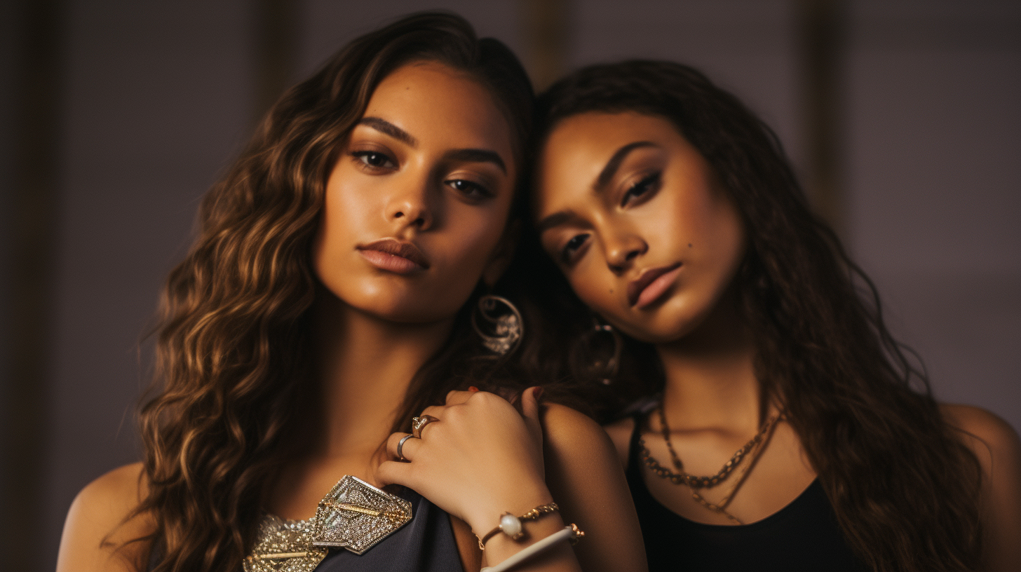 Latin women showcasing jewelry at a photoshoot