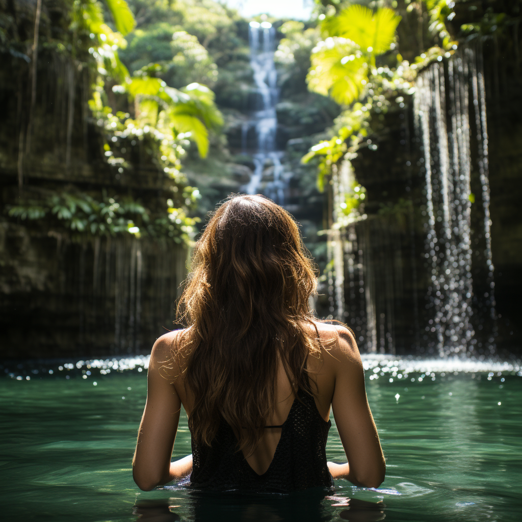 Smiling Latin American woman at waterfall