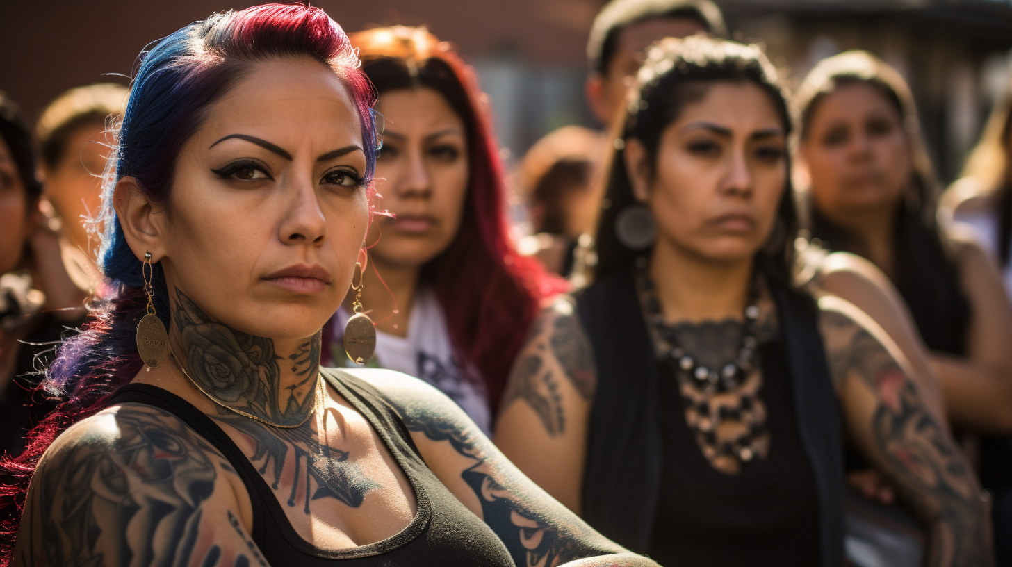 Latin American Women with tattoos in a sunlit prison yard