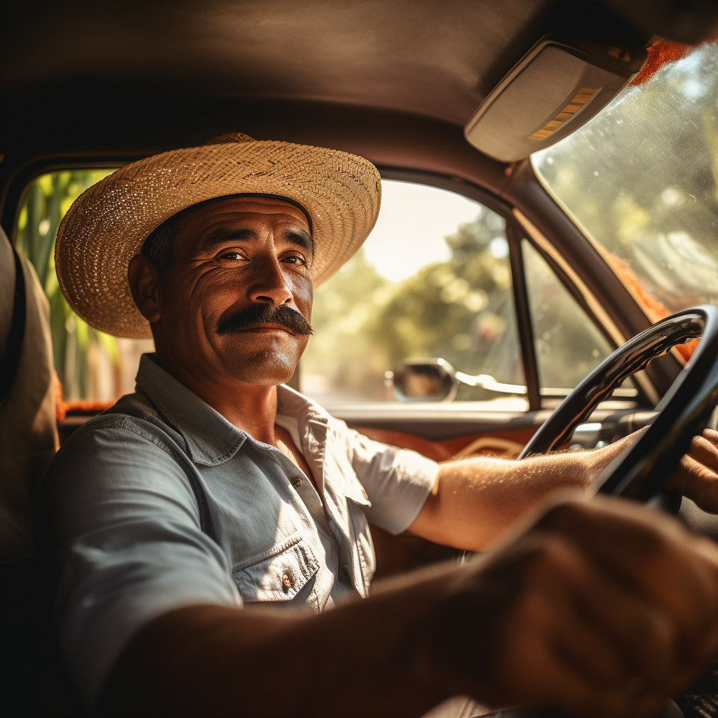 Latino farmer driving car on sunny day