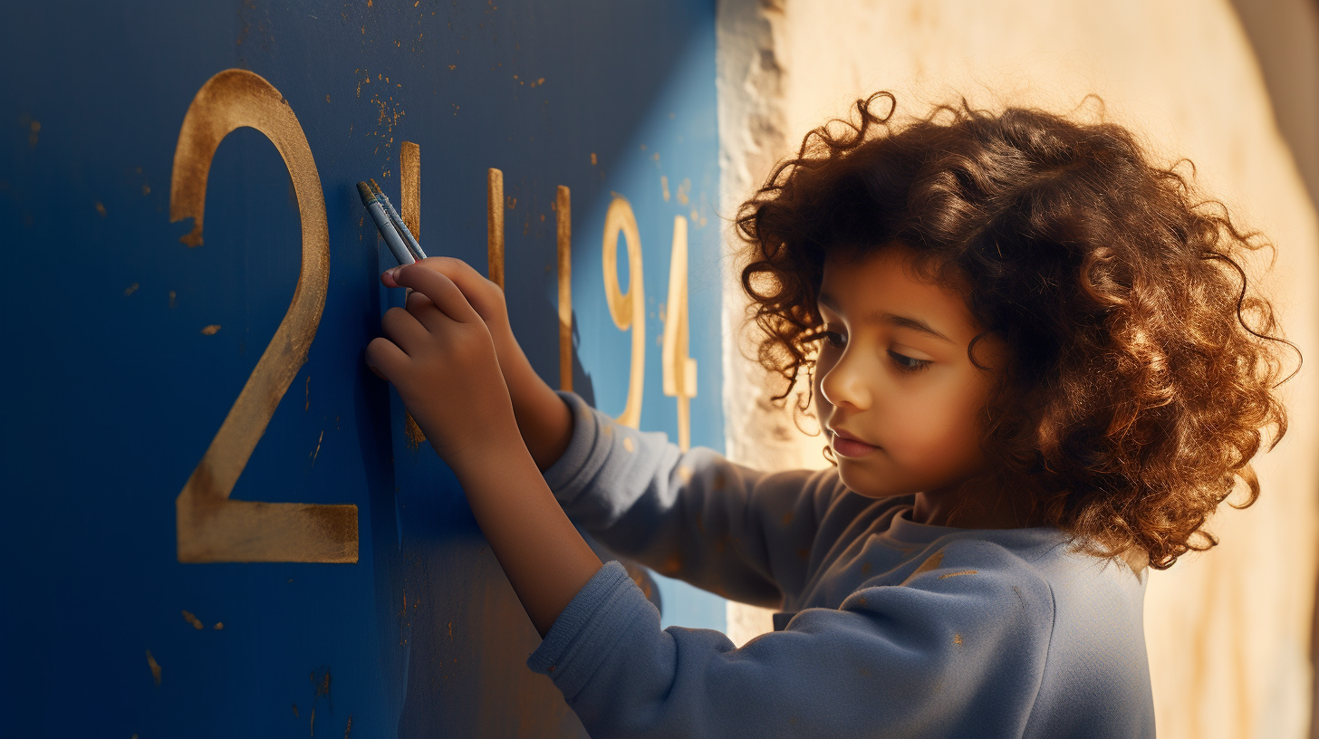 Latin girl with blue cape fixing gold number on wall