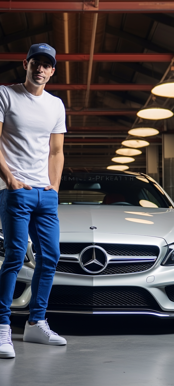 Latin man posing with Mercedes Benz AMG SL