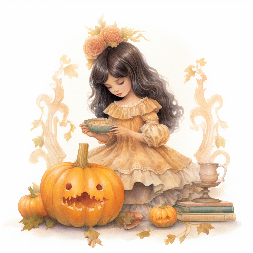 Whimsical Latina Girl Carving Pumpkin