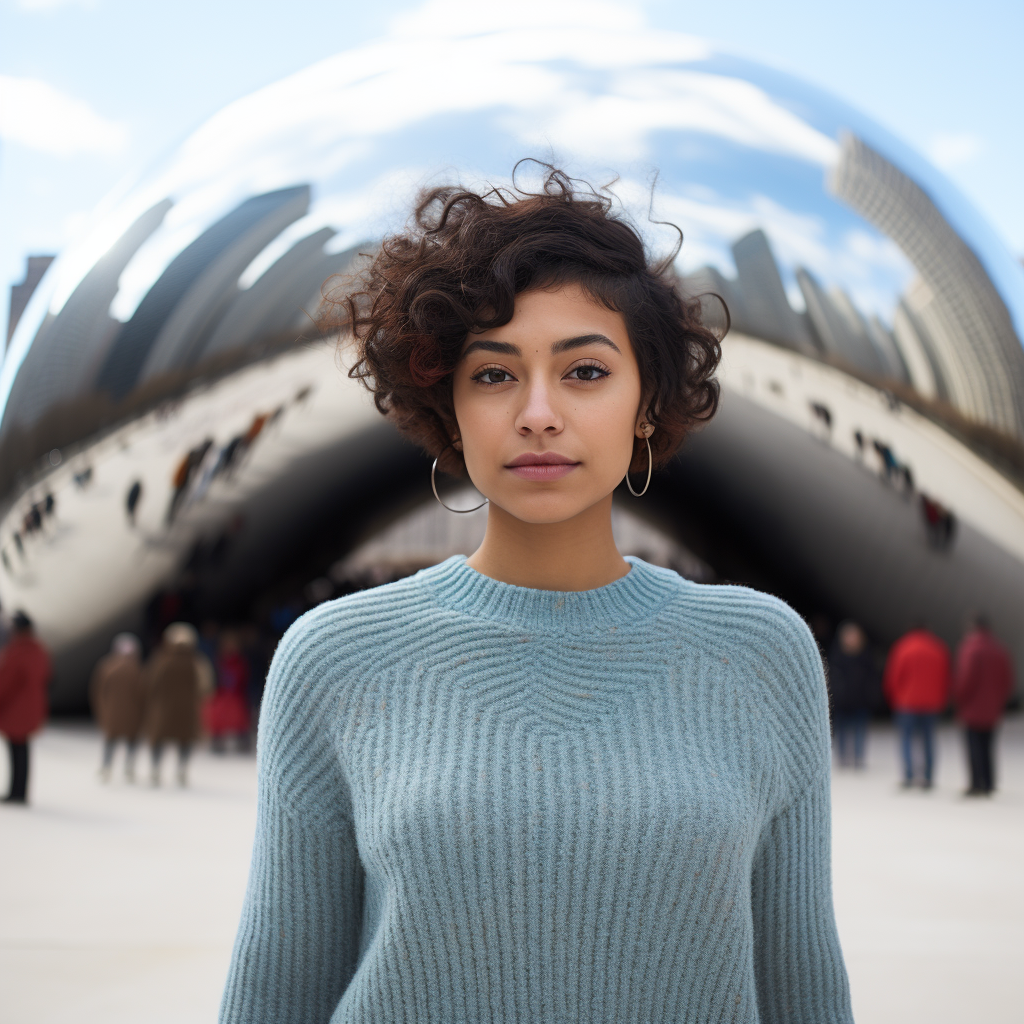 Latina girl with wavy short hair and blue jumper at Cloud Gate