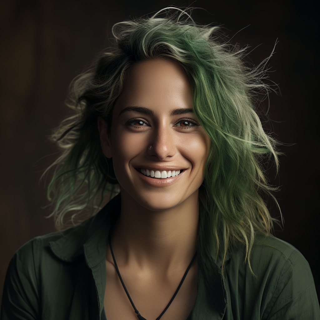 Portrait of Latina Julia Roberts with green hair and dimples