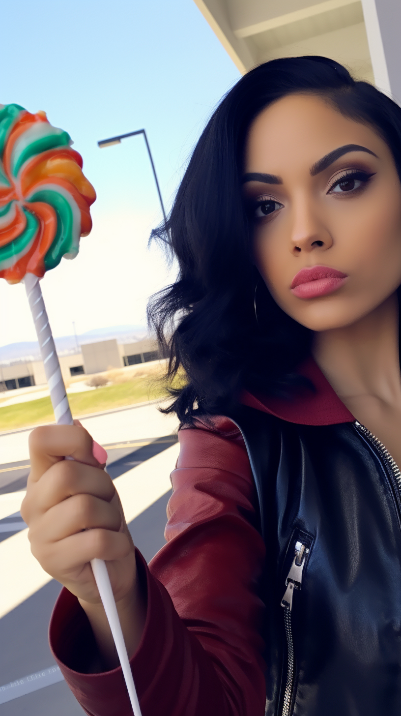 Latina model taking a selfie at the airport with a lollipop