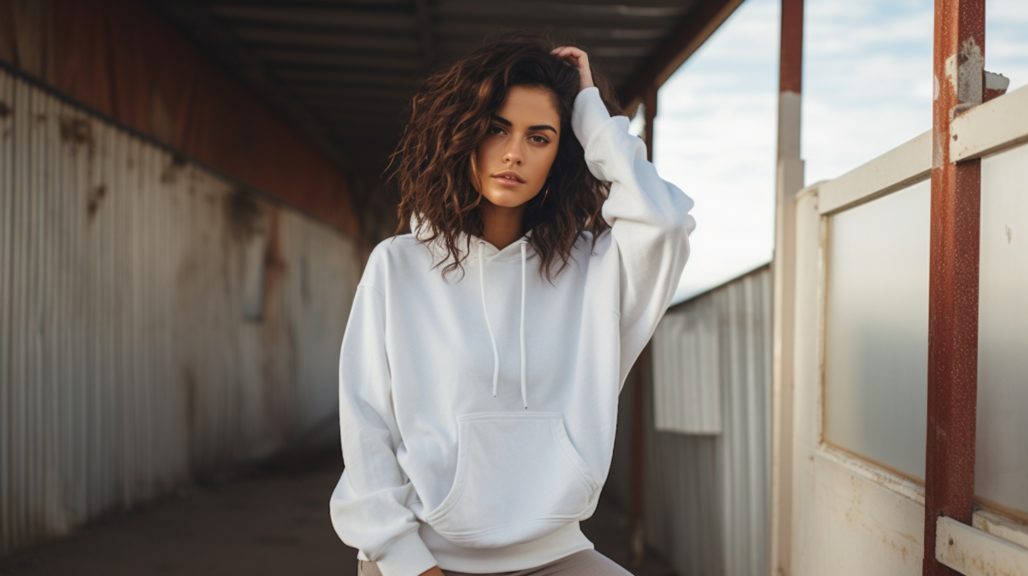 Latina model wearing white hoodie