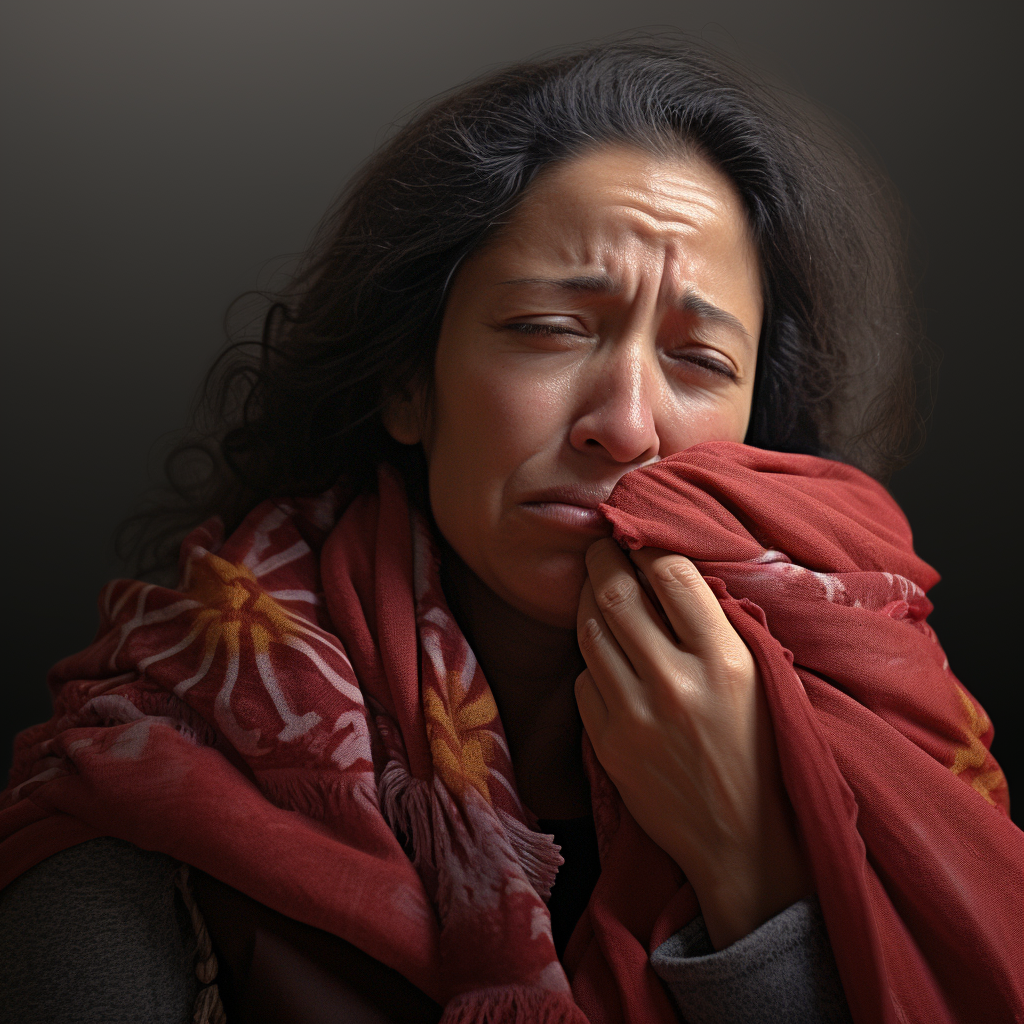 Miserable Latina woman blowing her nose