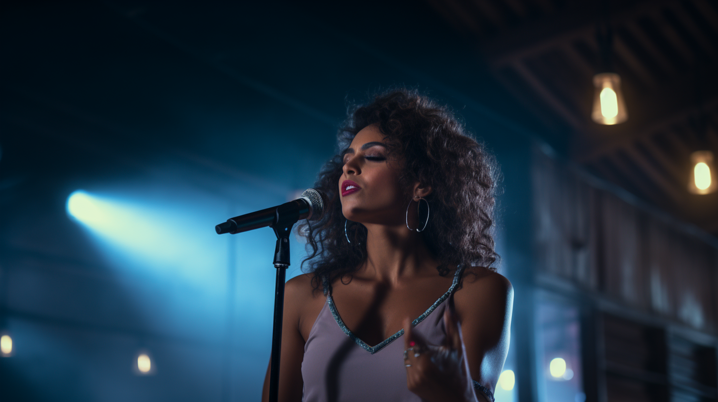 Beautiful Latina woman in gala dress performing onstage