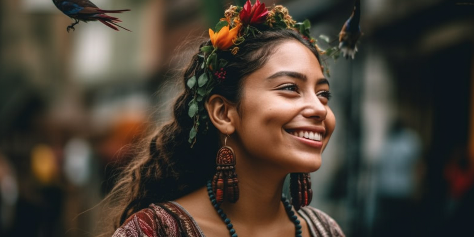 Smiling Latina woman with plants and birds on her head