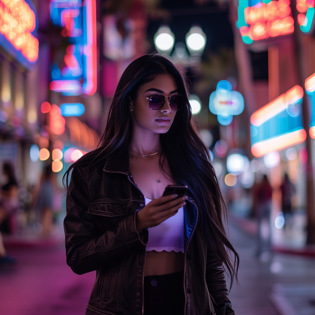 Latina woman searching phone in city