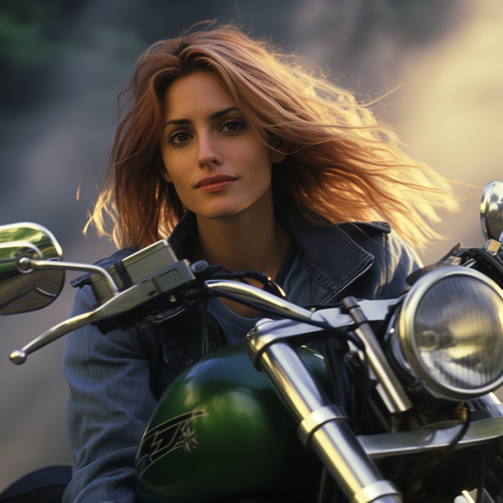 Latina Julia Roberts riding a motorcycle with green hair