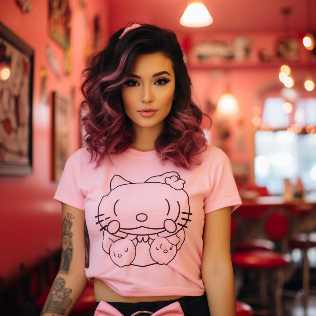 Latina woman in pink Hello Kitty room