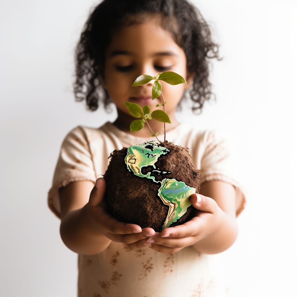 Latino child holding young plant with earth