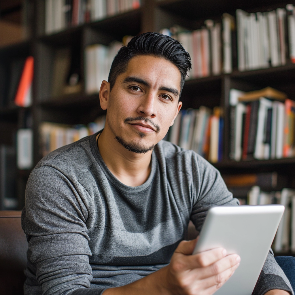 Latino man with tablet in tech space