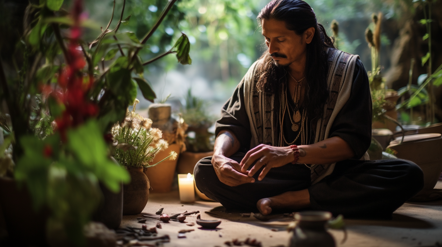 Latino man in contemplative plant medicine ceremony