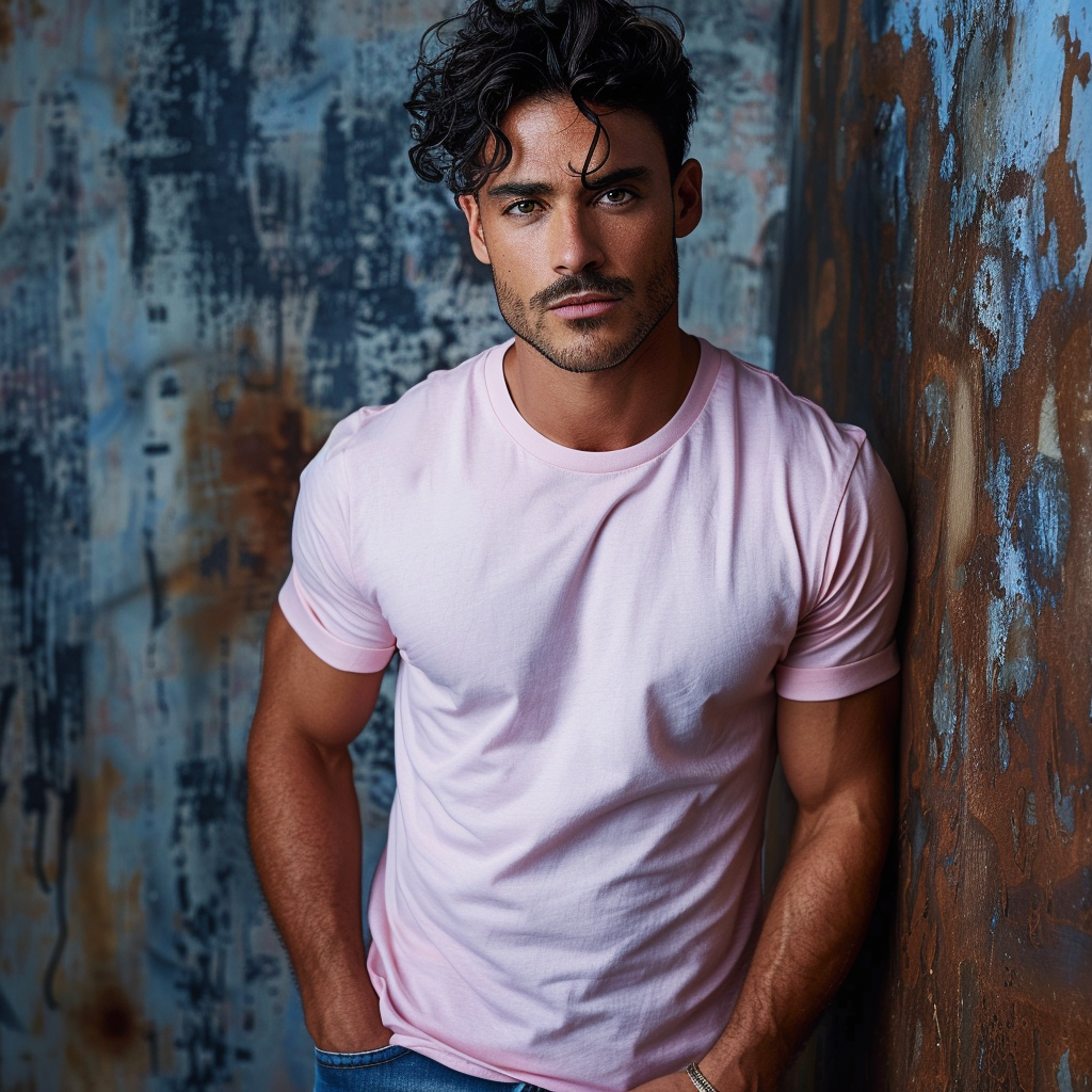 Latino man in pink shirt and jeans