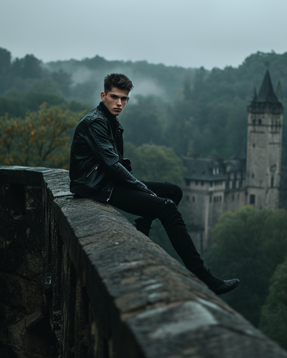 Latino man sitting on stone bridge