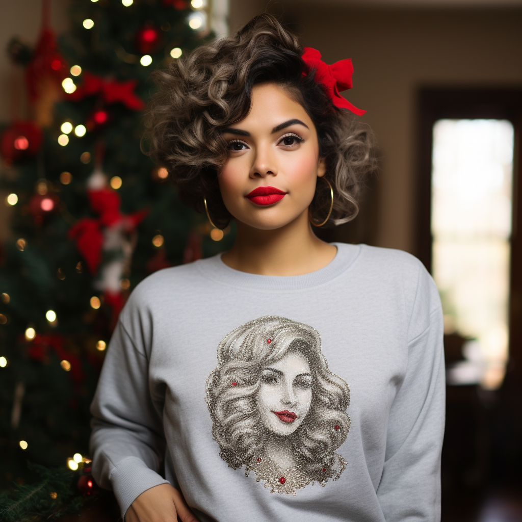 Latino woman in Gildan sweatshirt on Christmas Day